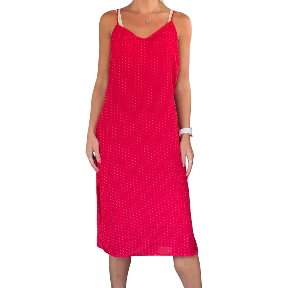 Lulus Womens S Red White Polka Dot V-Neck Adjustable Straps Midi Slip Dress Chic - Picture 3 of 15